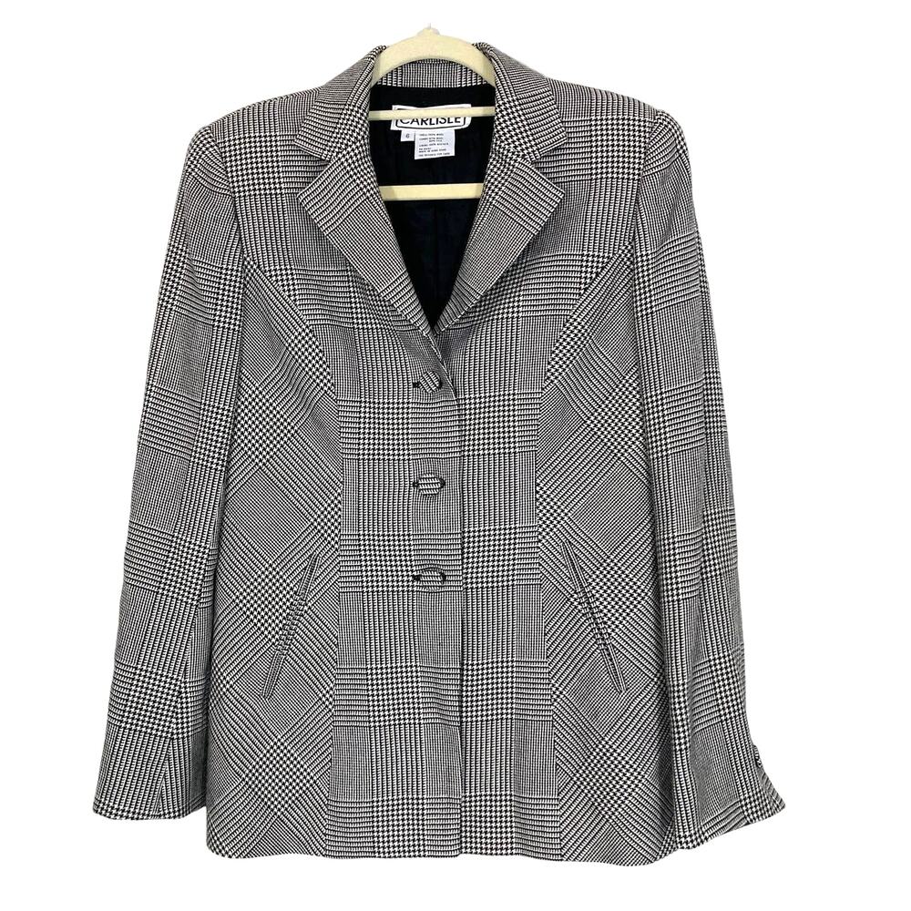 Vintage Carlisle Glen Plaid 100% Wool Oversized Blazer Jacket Black White Size 6